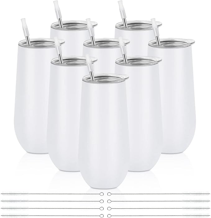 Lifecapido 8 Pack Insulated Champagne Tumblers, 12oz Champagne Flute Tumbler, Stainless Steel Stemless Champagne Glass, Unbreakable Cocktail Cups with Lid for Birthday Party Wedding Christmas (White)