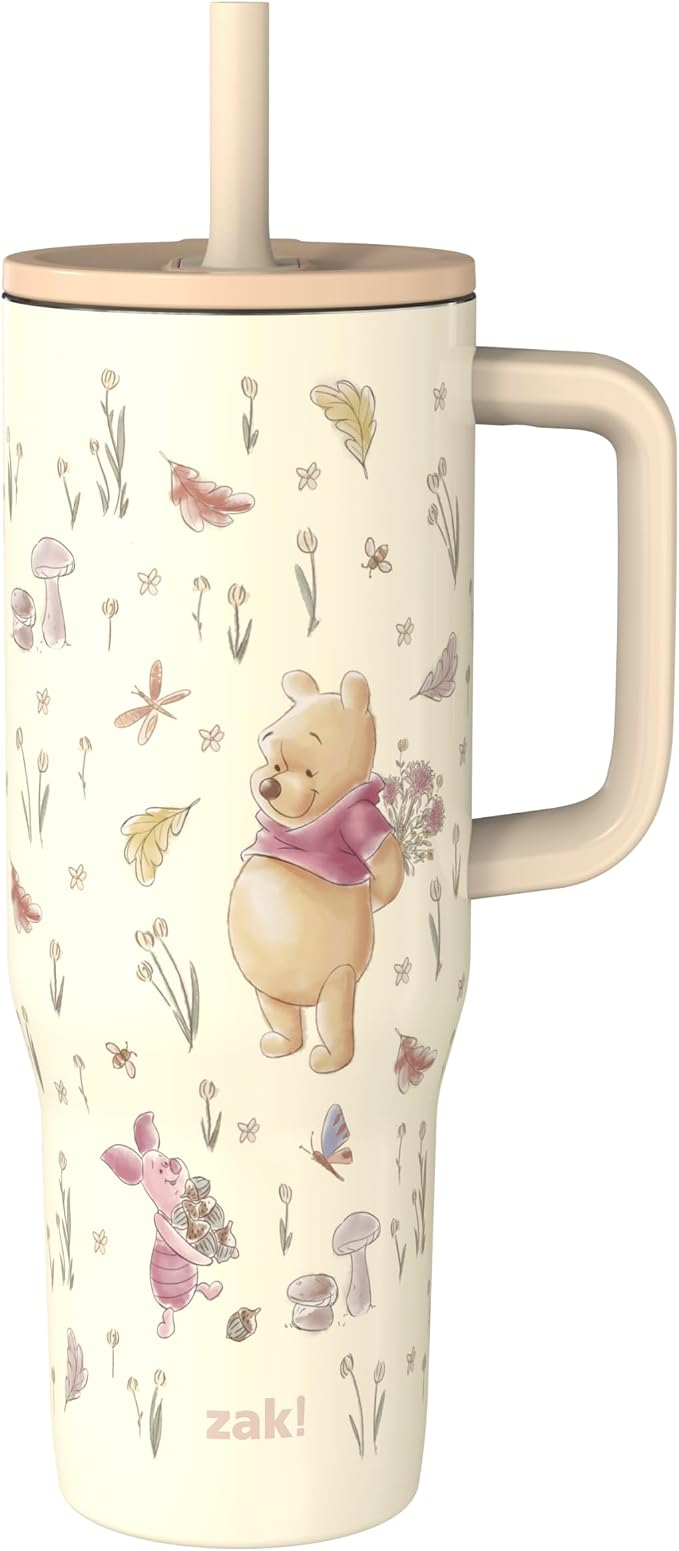 Zak Designs Disney Winnie the Pooh Sutton Travel Tumbler for On the Go, 30oz Stainless Steel with Vacuum Insulation, Silicone Straw, and Carry Handle for Cold Drinks (Pooh and Friends)