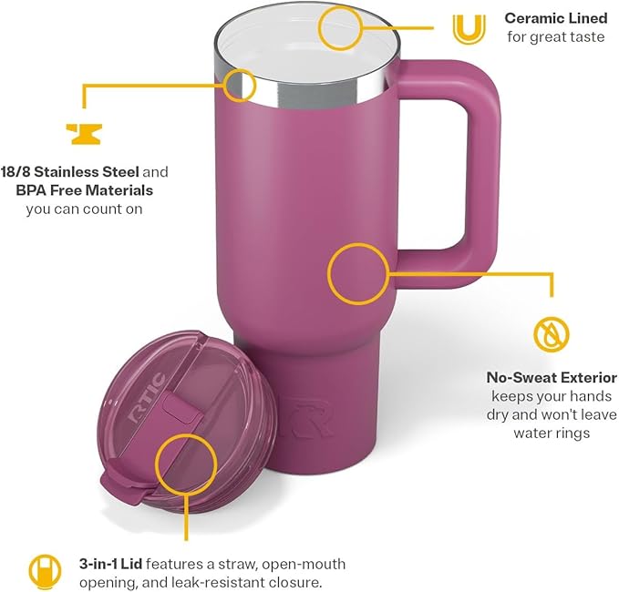 RTIC 30 oz Road Trip Tumbler Double-Walled Ceramic Lined InsulatedStainless Steel Portable Travel Coffee Mug Cup with Lid, Handle and Straw, Orchid