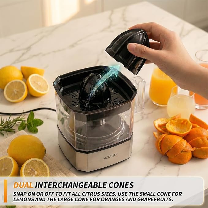 Astralship Citrus Juicer Machine Electric Orange & Lemon Squeezer with Stainless Steel Base, 24oz Pitcher, Pressure-Activated, 2 Cones & Pulp Filter for Orange, Lemon, Grapefruit Juice