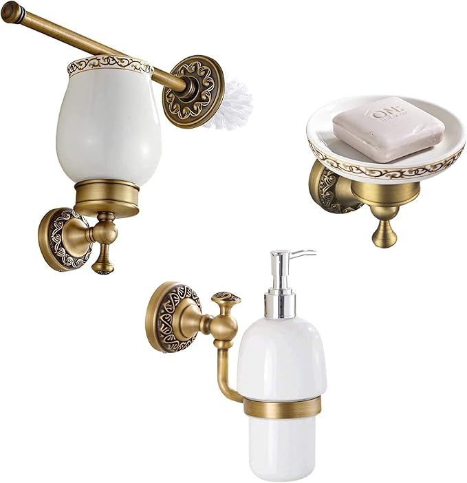 Leyden Antique Brass Toilet Brush Holder,Shower Soap Dish Antique Brass Soap Dispenser,Wall Mounted