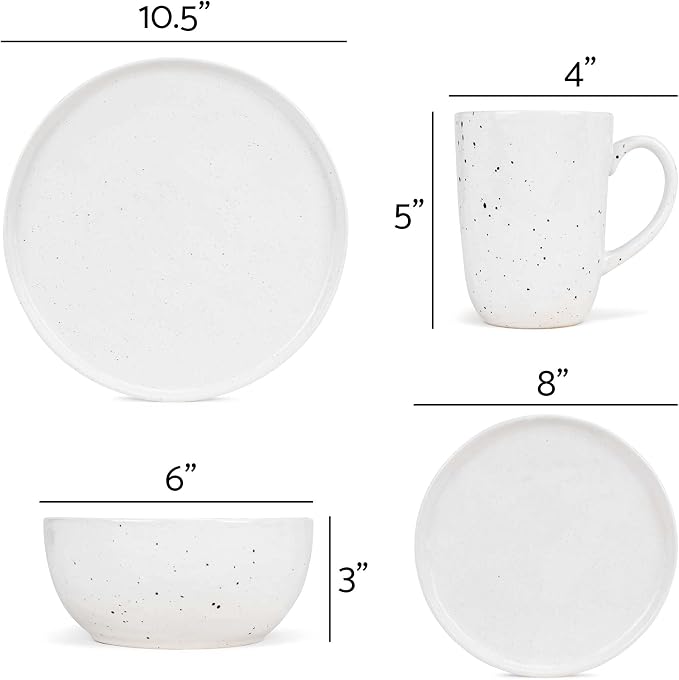 Elanze Designs Shiny Speckled Western Country Style Ceramic Plates Bowls Mugs Dinnerware 16 Piece Set - Service for 4, White