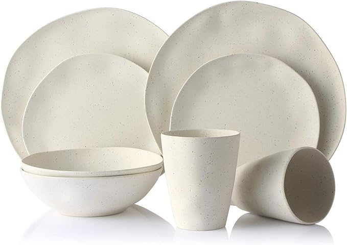 Morgiana Bamboo Dinnerware Set, 8-Pieces Reusable Tableware Set Eco-Friendly Bamboo Fiber Plates, Cups, Bowls for 2 Person (White)