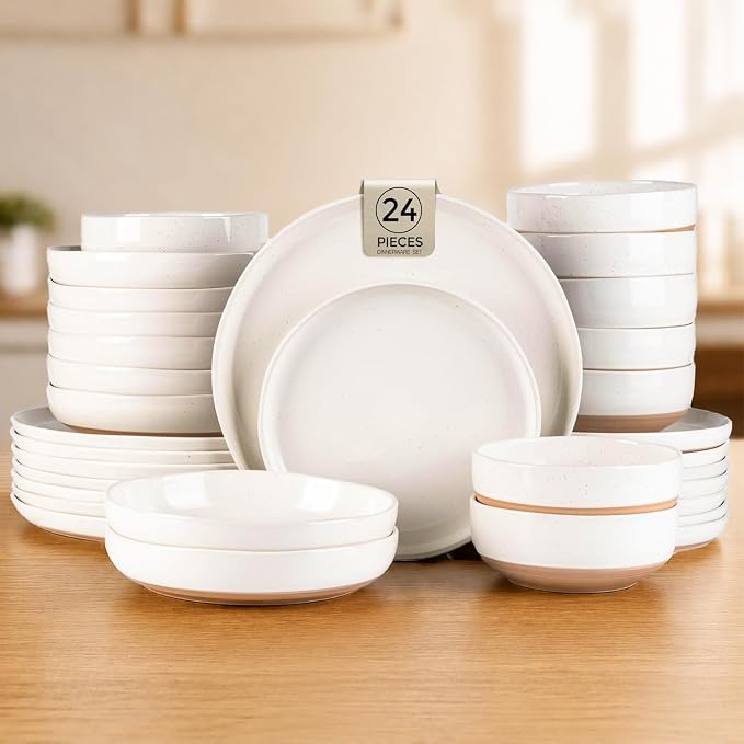 GBHOME 24-Piece Ceramic Dinnerware Set for 6, Handpainted Plates, Pasta Bowls & Bowls Set with Rustic Terracotta Underside, Scratch-Resistant, Dishwasher & Microwave Safe,Speckled Glaze Beige