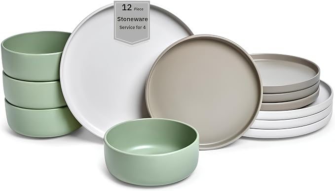 Sango 12-Piece Stoneware Dinnerware Set for 4, Satin Glazed Plates and Bowls Sets with Matte Finish, Ceramic Dish Set, Durable Kitchen Dishes, Microwave & Dishwasher Safe for Casual Dining, Rollo Alta