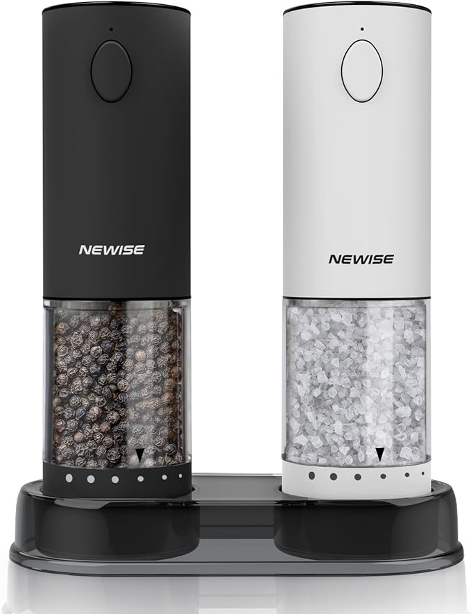 Electric Salt and Pepper Grinder Set, Adjustable Coarseness & LED Light, Rechargeable Large Capacity Stainless Steel Mill, Kitchen Appliances for Women Mom- Black/White