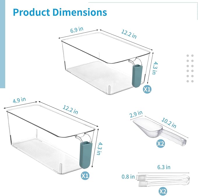 2 Pcs Ice Bin with Scoop and Tong, Ice Bucket with Handle for Freezer, 2 Sizes Clear Plastic Ice Container for DIY Drink Summer Party, 12.2 x 6.9 x 4.3 in, 12.2 x 4.9 x 4.3 in, Cyan