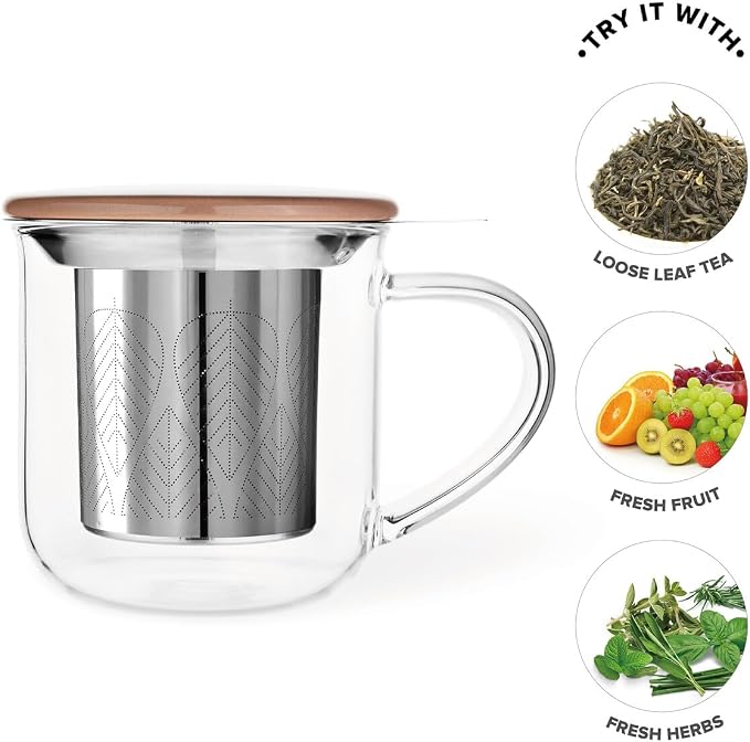 VIVA Minima Eva Glass Tea Cup with Mesh Infuser - Coffee Mug With Porcelain Lid/Saucer - 14 oz / 400 ml, Brown