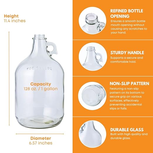Fastrack 16-Pack 1 Gallon Glass Jug (128 oz) w/16 38mm Black Metal Screw Cap – Multipurpose 1 Gallon Jug, & Detergent Dispenser for Laundry, Glass Jar for Liquids, Water & Juice