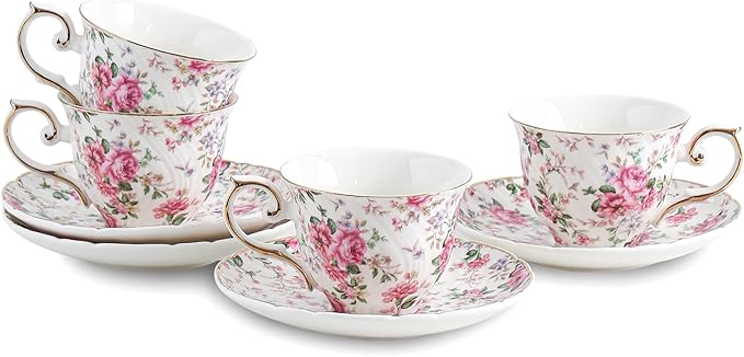 Agyiuns tea cups and saucers ceramic coffee mug 6oz for Coffee, Latte, Cafe Mocha and Tea-Set of 4 (Big flowers-Set of 4)