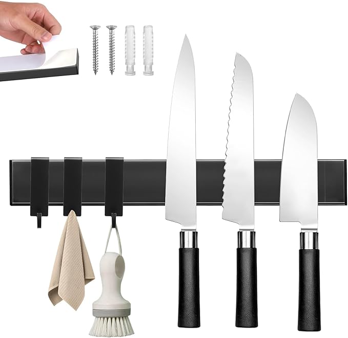 Magnetic Knife Holder for Wall with 3 Hooks, No Drilling Magnetic Knife Strip Adhesive Knife Holder Magnet Knife Bar, Wall Mount Knife Rack Block Metal Tool Holder for RV Kitchen Organization, 10 Inch