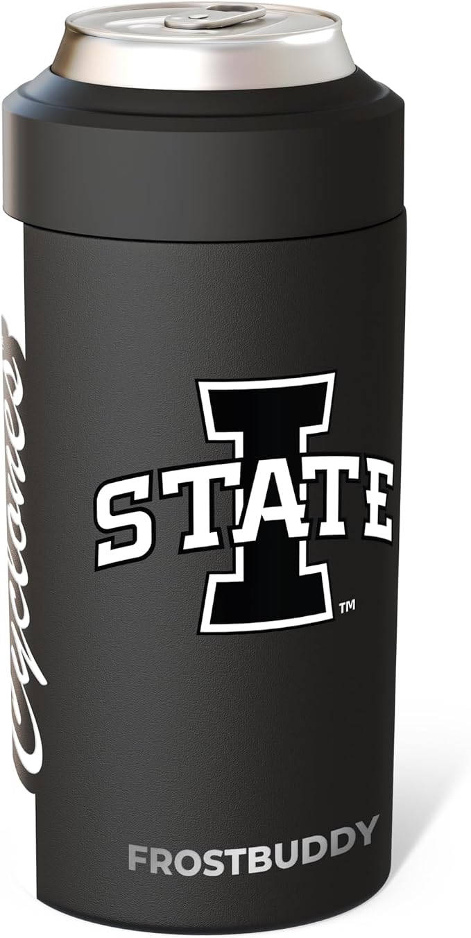 Frost Buddy NCAA Universal Buddy - Fits all - Stainless Steel Can Cooler for 12 oz & 16 oz Regular or Slim Cans & Bottles - Stainless Steel (Iowa State Hawkeyes)