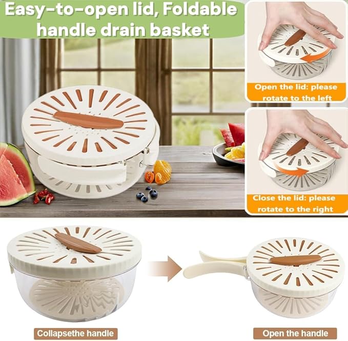 2Pcs Fruit Washing Bowl With Strainer&Lid,(2.85+1QT)2 in 1 Collapsible Handle Draining Basket,Multipurpose Drain Basket Kitchen Draining and Fridge Fruit Strainer,Suitable For Washing Berry Vegetables