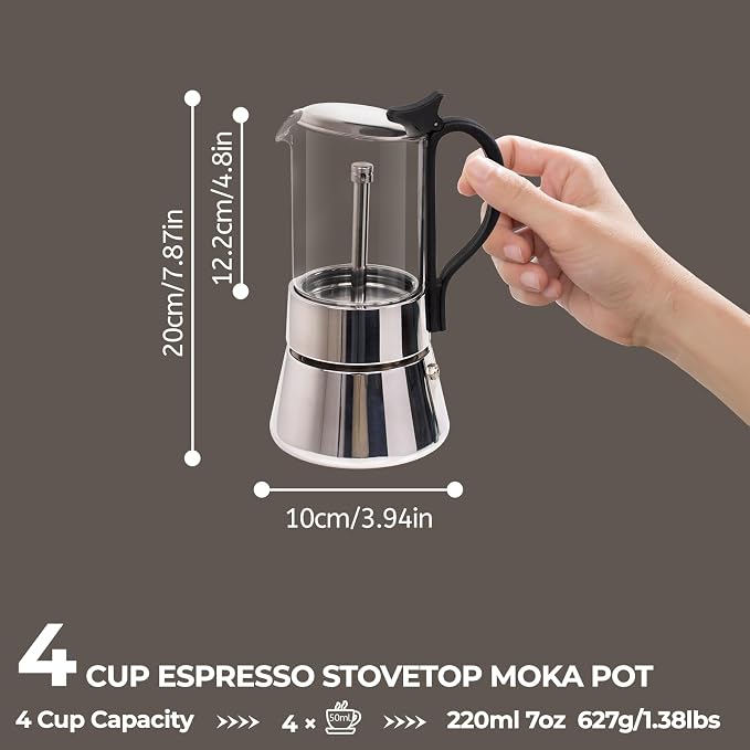 Clear Glass Moka Pot 4 Cup 220ml Stainless Steel Coffee Maker Uncoated Stovetop Espresso Coffeemaker Italian Classic Style Brewing Greca Cafe Mocha Machine for Cafeteras Camping Travel Home