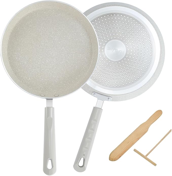9 Inch Crepe Pans with Spreader & Spatula, 2 Set Nonstick Granite Coating Dosa Pan, Aluminum Alloy Pancake Flat Skillet Tawa Griddle, Stay-Cool Handle, Induction Compatible Bottom