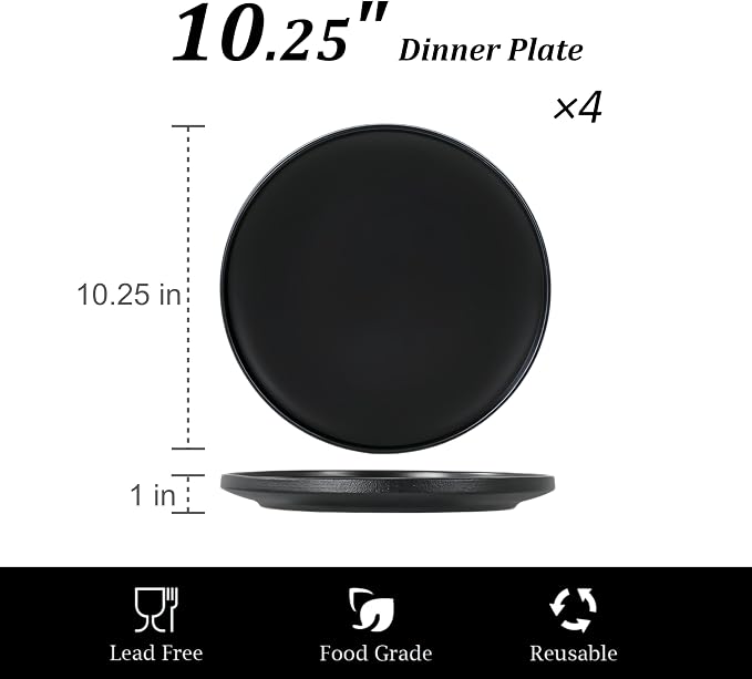 Ceramic Dinner Plates, 10.25 Inch, Set for 4, Modern Black | Flat Dish Design, Microwave & Dishwasher Safe, Perfect for Family and Entertaining, For Steak, Sandwiches, Pizza, Pasta