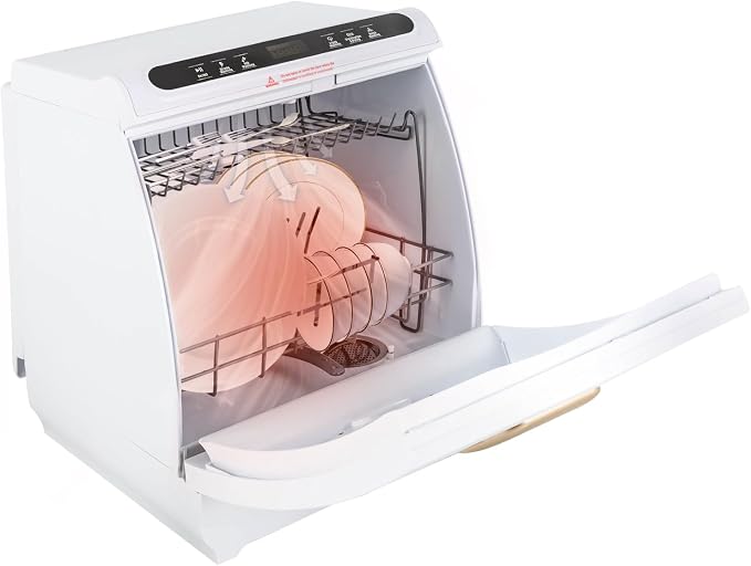 Countertop Dishwasher, Portable Dishwasher With Water Tank, 3 Washing Programs, 360-Degree Water Spraying, 75°C Hot Air Drying Technology, 110v, 1200w (White+Gold)