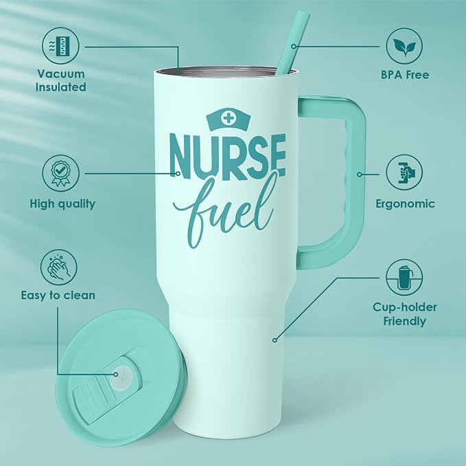 SANDJEST Nurse Gift Tumbler 40oz with Handle and Straw – Nurse Fuel Insulated Stainless Steel Travel Coffee Mug for Nursing Friend Student - Gifts for Appreciation, Birthday, Christmas