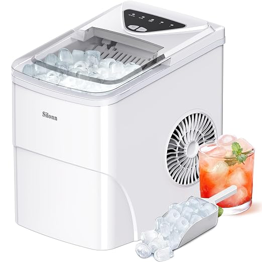 Silonn Ice Makers Countertop, 9 Cubes Ready in 6 Mins, Self-Cleaning Ice Machine with Ice Scoop and Basket, 26lbs in 24Hrs, 2 Sizes of Bullet Ice for Home Kitchen Office Bar Party, White
