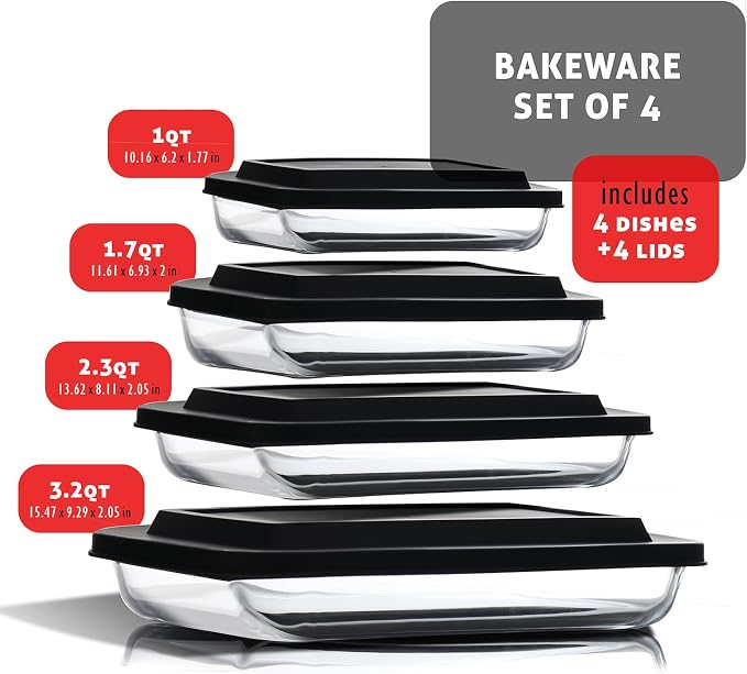 Nestl 8pc Glass Baking Dishes for Oven, Glass Food Storage Containers with Lids, Leakproof Casserole Dishes for Oven with Lid, Cooking, Microwave Oven Freezer Safe Bakeware, 9x13 Lasagna Pan Black