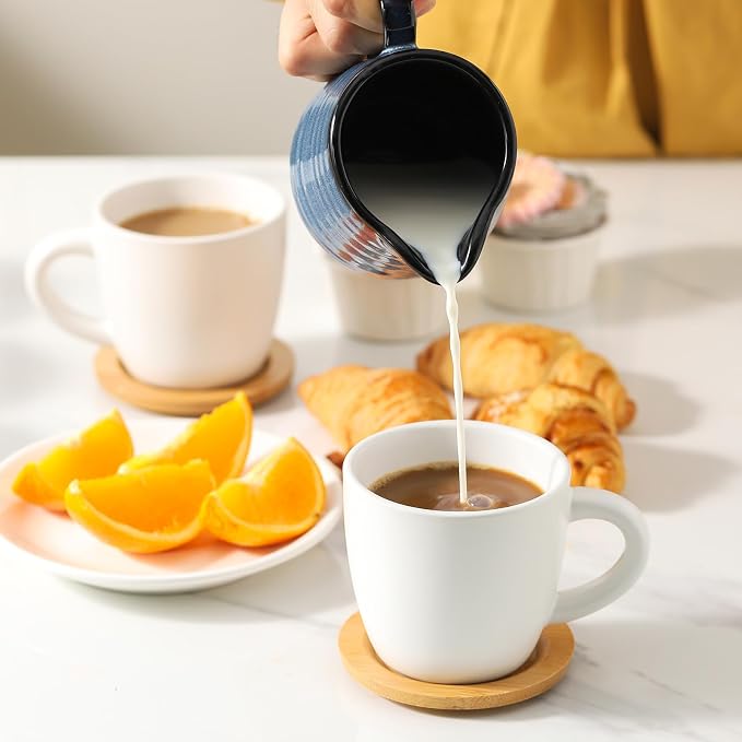 HASENSE 8 oz Cappuccino Cups with Saucers set of 6, Porcelain Coffee Mugs Latte Mugs with Handle Perfect for Double Shot, Americano, Milk and Tea, White