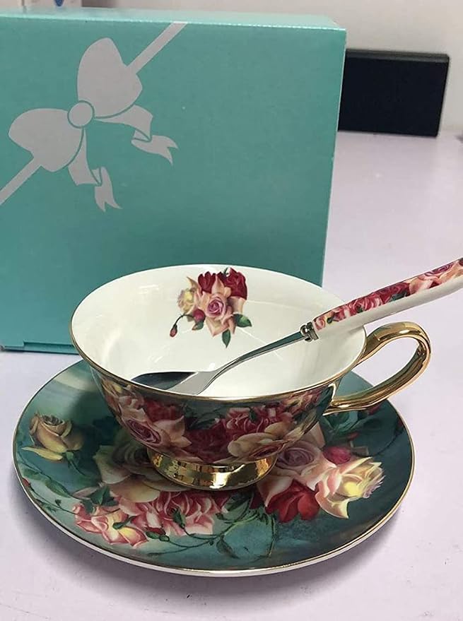 YBK Tech Euro Style Bone China Cup& Saucer Set, Ceramic Tea Coffee Cup for Home Kitchen Wedding (Vintage Rose Pattern)