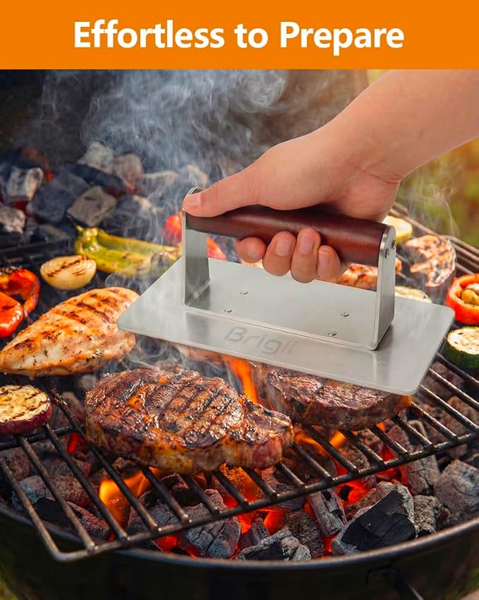 Brigii Stainless Steel Burger Press Smasher - 9"x4" Rectangular Grill Press with Wooden Handle(Heat-Proof), Non-Stick Smooth for Hamburger Patties, Bacon, Steak & BBQ Grilling, Dishwasher Safe