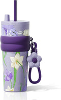 24 oz Stainless Steel Tumbler with Lid and Straw, Insulated Coffee Mug, Leak Proof, Portable Iced Travel Water Bottle, Reusable Thermal Coffee Cup, Floral Purple