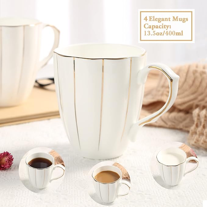 DUJUST Coffee Mug Set of 4(13.5oz), Luxury British Design with Handcrafted Golden Trims, 1st-Class Bone-china White and Gold Cup Set for Coffee, Tea&Milk, Beautiful&Graceful Top Fine Porcelain Cups
