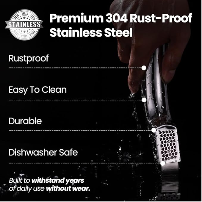 No Peeling Required Garlic Press Stainless Steel with Detachable Handle for Coarse Mincing - Premium Garlic Mincer Tool, Rust-Proof, Easy to Clean, Dishwasher Safe Garlic Crusher, Lifetime Replacement