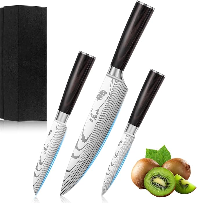 10-Piece Premium Japanese Kitchen Knife Set - Imperial Collection, Laser Damascus Pattern, 440A Stainless Steel Ultra Sharp for Fast Cutting (Redwood 3X)