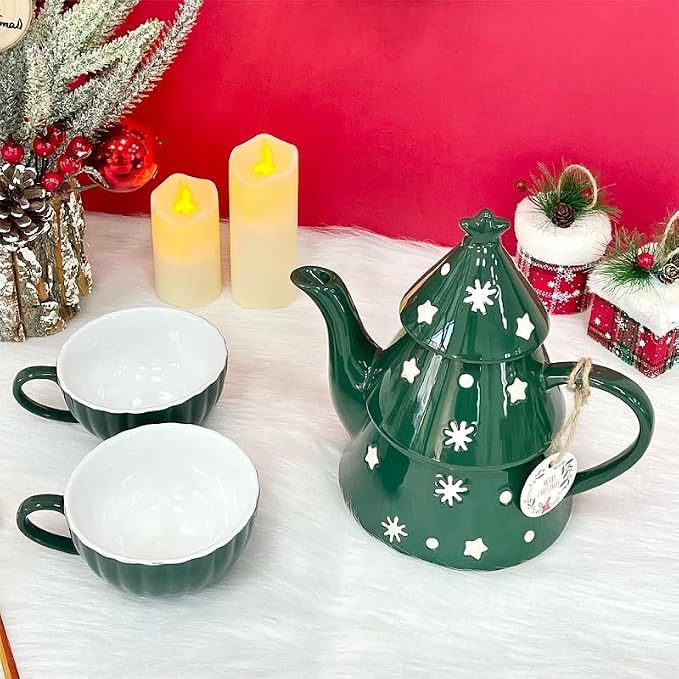 Domini Christmas Tree 28oz Teapot- Earthenware, Festive Holiday Serveware, Brewing Warm Winter Drinks - Beautiful Addition To Your Festive Table