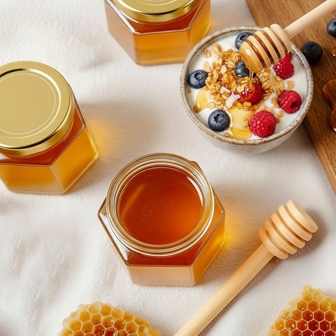 Adabocute Honey Pot, Mini Glass Honey Jars with Wood Dipper, Gold Lid, Bee Charms, Gold Organza Bags, Thank-you Tags, Ideal for Baby Showers Wedding Favors Party Favors, 2oz 15 Pack