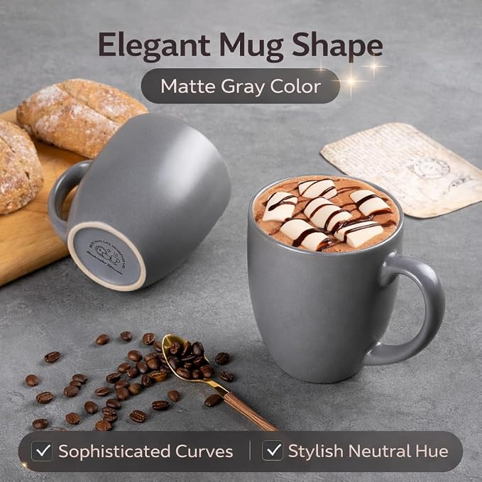 GBhome 12oz Coffee Mugs Set of 6, Large Ceramic Coffee Mugs for Man, Woman, Dad, Mom, Modern Coffee Mugs Set with handle for Tea/Latte/Cappuccino/Milk/Cocoa. Dishwasher&Microwave Safe,Matte Grey