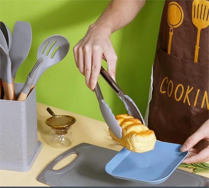 19 in 1 Kitchen Utensils and Knife Set with Storage, Include 11 Piece Silicone Cooking Utensils 5 Pcs Sharp Stainless Steel Chef Knives Scissors Whisk Tongs and Cutting Board GrEY