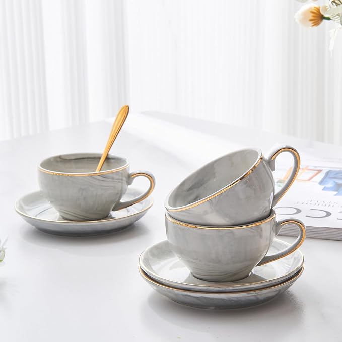 Ceramic Espresso Cups Set with Saucers and Metal Stand, 4 oz Porcelain Stackable Cappuccino Cups Teacup For Tea, Espresso, Latte, Coffee, Cafe Mocha（Gray）
