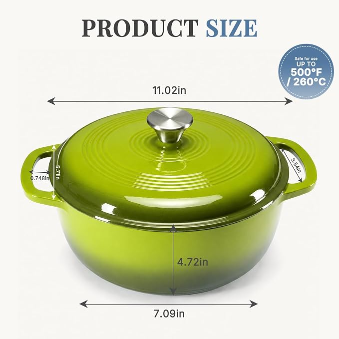 DUMOS Cast Iron Dutch Oven, 6 Quart Pot with Lid, Enameled Heavy Duty Cookware, Oven Safe to 500°F, Perfect for Bread Baking, Stews and Roasting, Moisture Sealing Lid with Dual Handles, Green