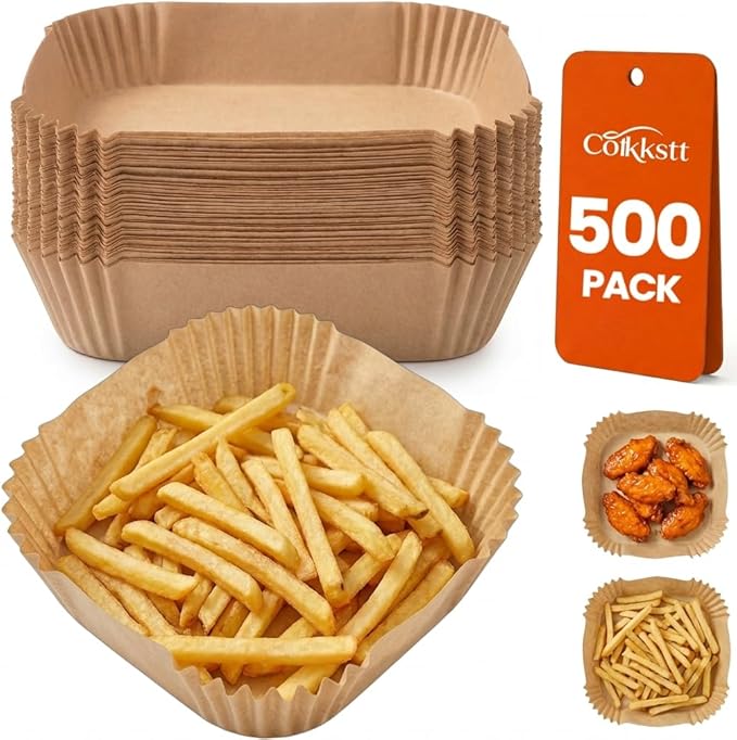 500 Pcs 8x8 Inch Disposable Air Fryer Liners, Parchment Paper for Air Fryer, Non-Stick Baking Parchment and Parchment Paper Squares for Bread, Fries (Unbleached Brown)