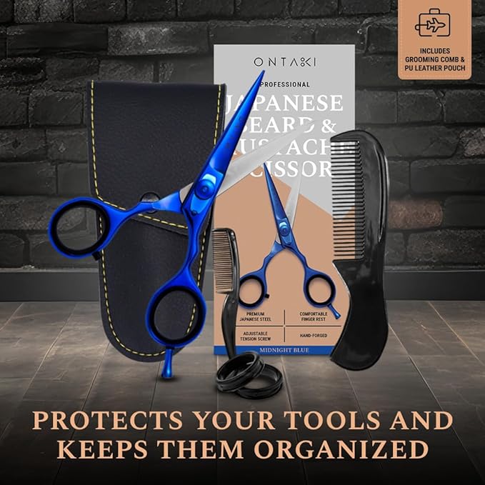 Ontaki Beard & Mustache Scissors for Men - 5.5" Japanese Steel, Midnight Blue - Sharp Blades, Ergonomic Finger Rest & Adjustable Tension Screw for Perfect Trimming - Beard Scissors for Men