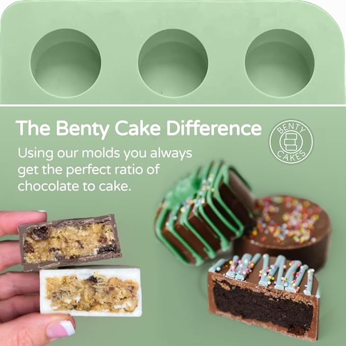 Benty Cakes – The Original Cake Puck Mold Set – Better than a Cake Pop! Make Chocolate Covered Desserts – BPA Free Silicone – Includes 1 Mold Set, 1 Plastic Tray and 1 Scraper – Green