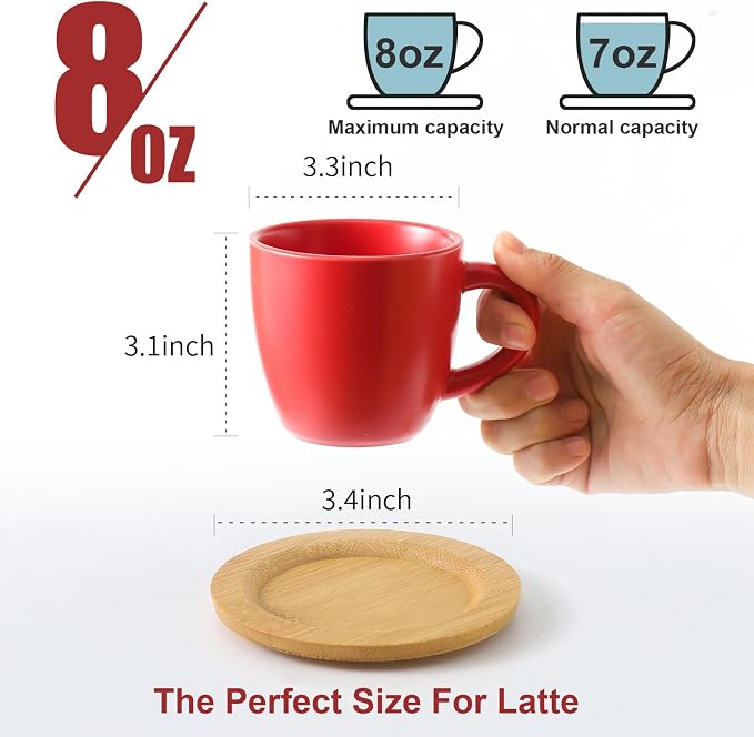 HASENSE Cappuccino Cups with Bamboo Saucers Set of 6, 8 OZ Ceramic Espresso Cups with Handle for Double Shot, Latte, Mocha, Stackable Coffee Cups for Cafes, Home and Office, Red