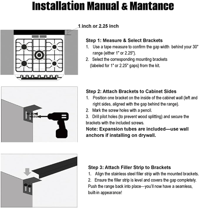 30" Slide-In Range Rear Filler Kit, Stainless Steel Stove Gap Filler Behind Range, 1" or 2.25" Adjustable Backguard Trim Kit, Easy to Install Backsplash Gap Cover Compatible with 30" Ranges, Black