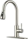 FORIOUS Kitchen Faucets with Pull Down Sprayer, Brushed Nickel High Arc Single Handle Stainless Steel Bar Sink Faucet with Deck Plate for 1 or 3 Hole, Suitable for Farmhouse RV Camper Laundry