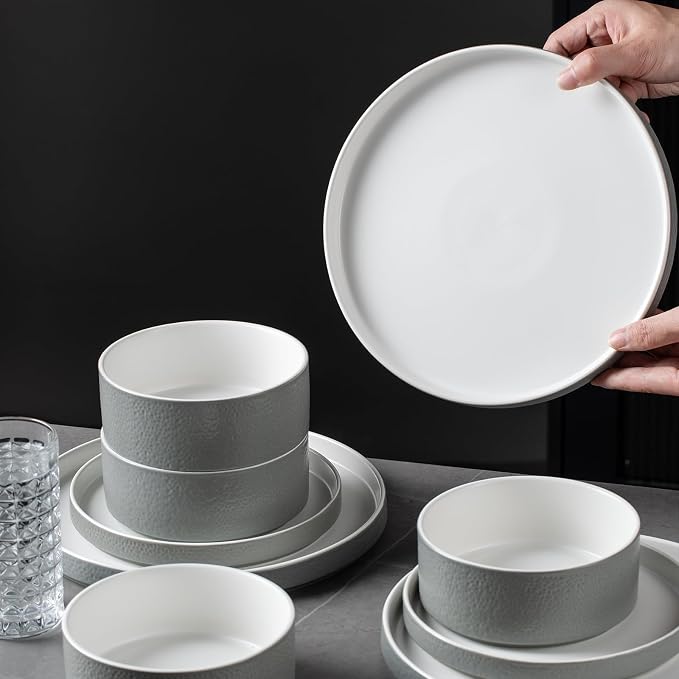 Grey Ceramic Dinnerware Set for 4, 12 Piece Porcelain Plates and Bowls Set, Modern Stoneware Chip and Scratch Resistant Dinner Plate Sets, Everyday Dish Sets, Microwave and Dishwasher Safe