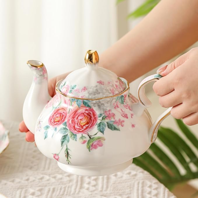 15 Piece British Bone China Tea Cup Sets, Elegant red Rose Pattern, Cups and Saucers Service for 4, with Teapot Sugar Bowl Cream Pitcher Teaspoons for Tea/Coffee, Gifts Set for Adults.