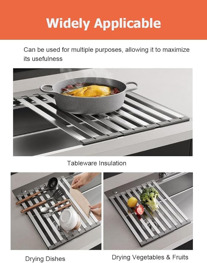 43.5/52.5 in 304 Stainless Steel Expandable Over The Sink Dish Drying Rack, Collapsible Anti-Slip Heat-Resistant Dishes Drainer(W 34cm/13.4in,L 52.5cm/20.7in)