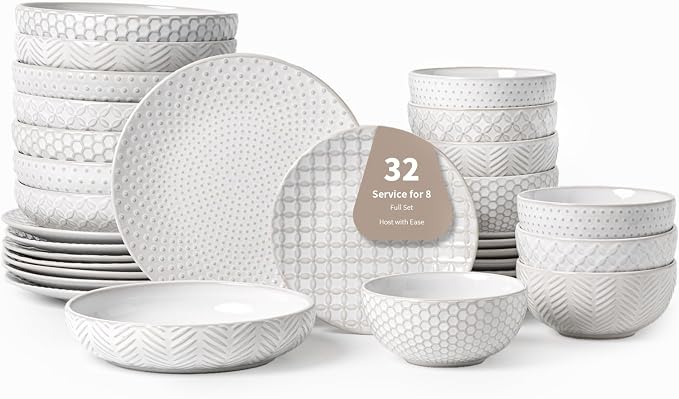 FOBENTA 32-Piece Luxury Dinnerware Set,Complete Plates and Bowls Set for 8,Upscale Ceramic Dish Set for Hosting, Holidays & Family Gatherings–Microwave & Dishwasher Safe