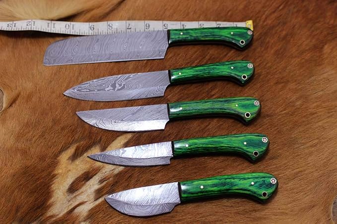 Custom Made Hand Forged Damascus Steel Full Tang Blade Kitchen Knife Set, Overall 40 inches Length of Damascus Sharp Knives (10.6+9.6+9.0+8.0+7.6) Inches, Leather Suede Sheath (2 Tone Green)