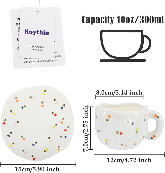 Koythin Ceramic Coffee Mug, Cute Pink Cup for Women with Saucer for Office and Home, Dishwasher and Microwave Safe, 10 oz/300 ml for Latte Tea Milk (Colorful Tulips)