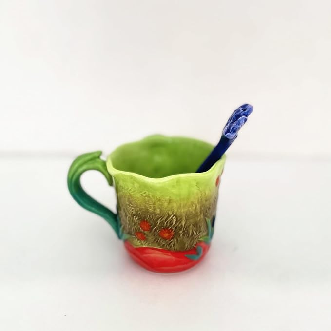 Ceramic Lrises Flower Coffee Mug and Saucer set with Spoon,3D Handmade and Hand-painted Tea Mug, 6OZ